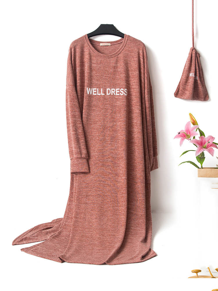 

Plus Size Modal Long Sleeve Printed With Pocket Nightgown