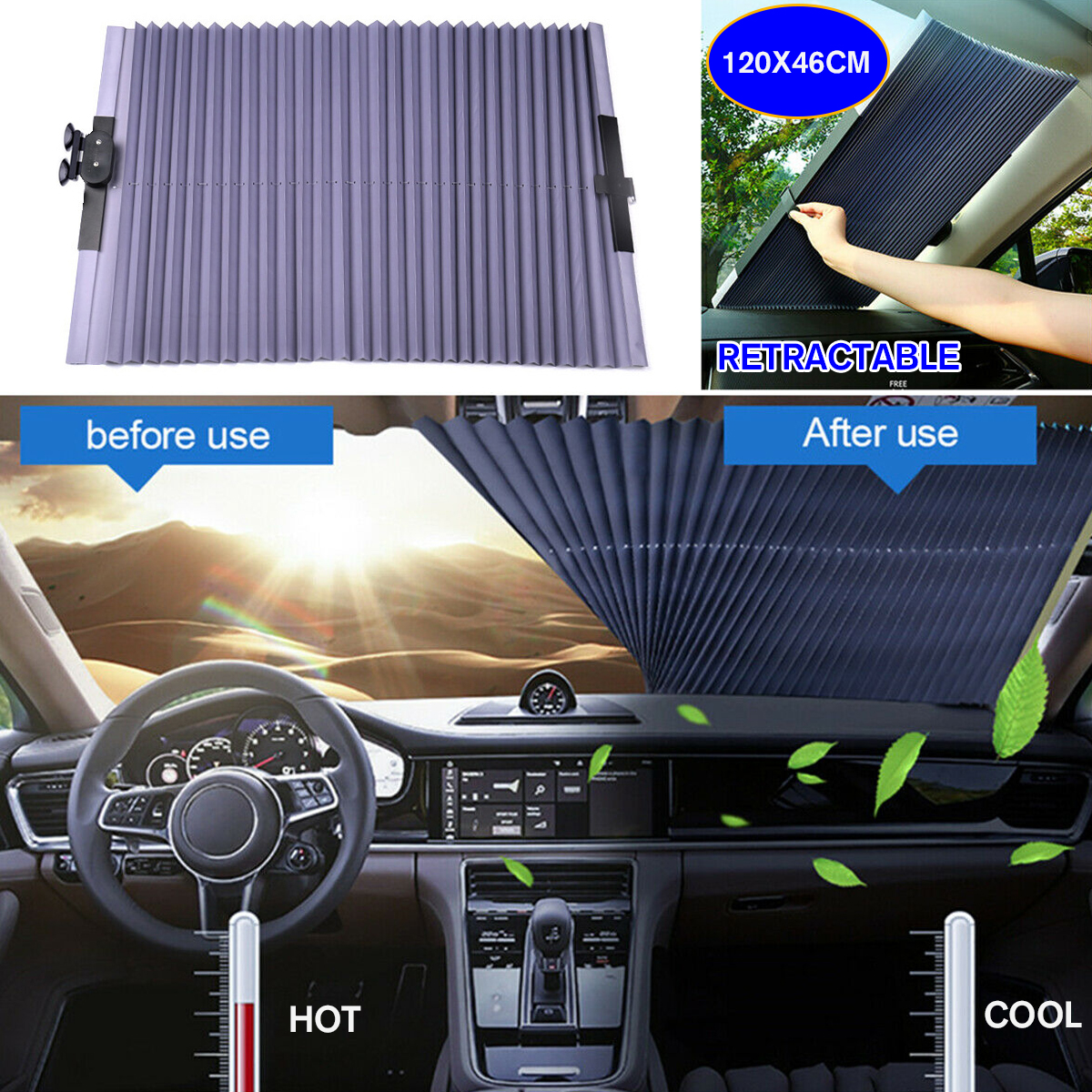 

120cm x 46cm Car Retractable Curtain UV Protection Front Windshield Sun Visor Accessories