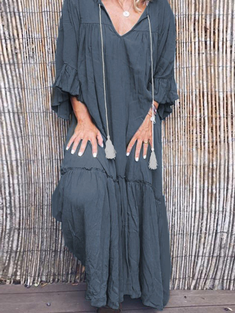

Women Loose Solid Long Kaftan Flare Sleeve Pleated Maxi Dres