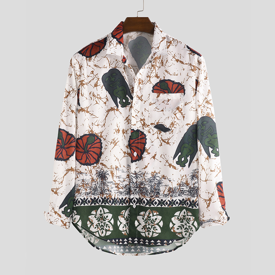 

Art Lotus Leaf Frog Mix Print Long Sleeve Relaxed Shirts