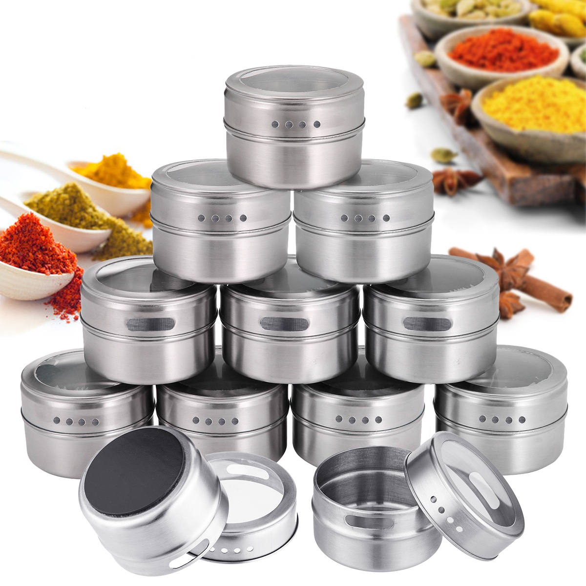 

12Pcs/Set Magnetic Spice Tins Round Spice Container Spice Storage Boxes Magnetic Spice Jars for Kitchen Storage Containe