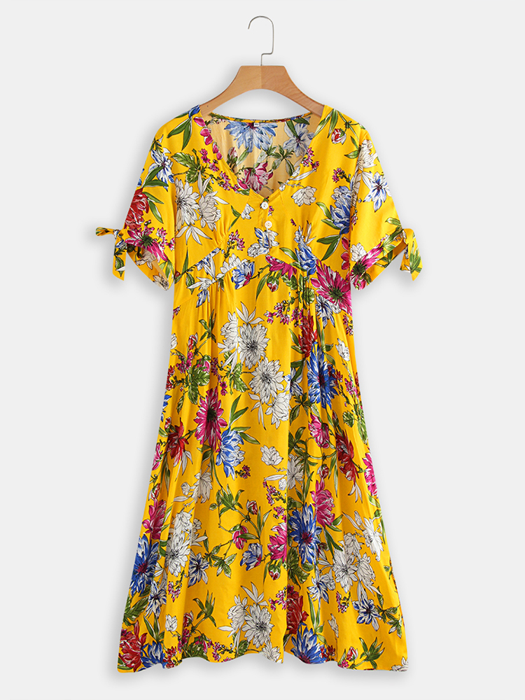 

Большие размеры Женское V-образный вырез с короткими рукавами и цветочным рисунком Платье