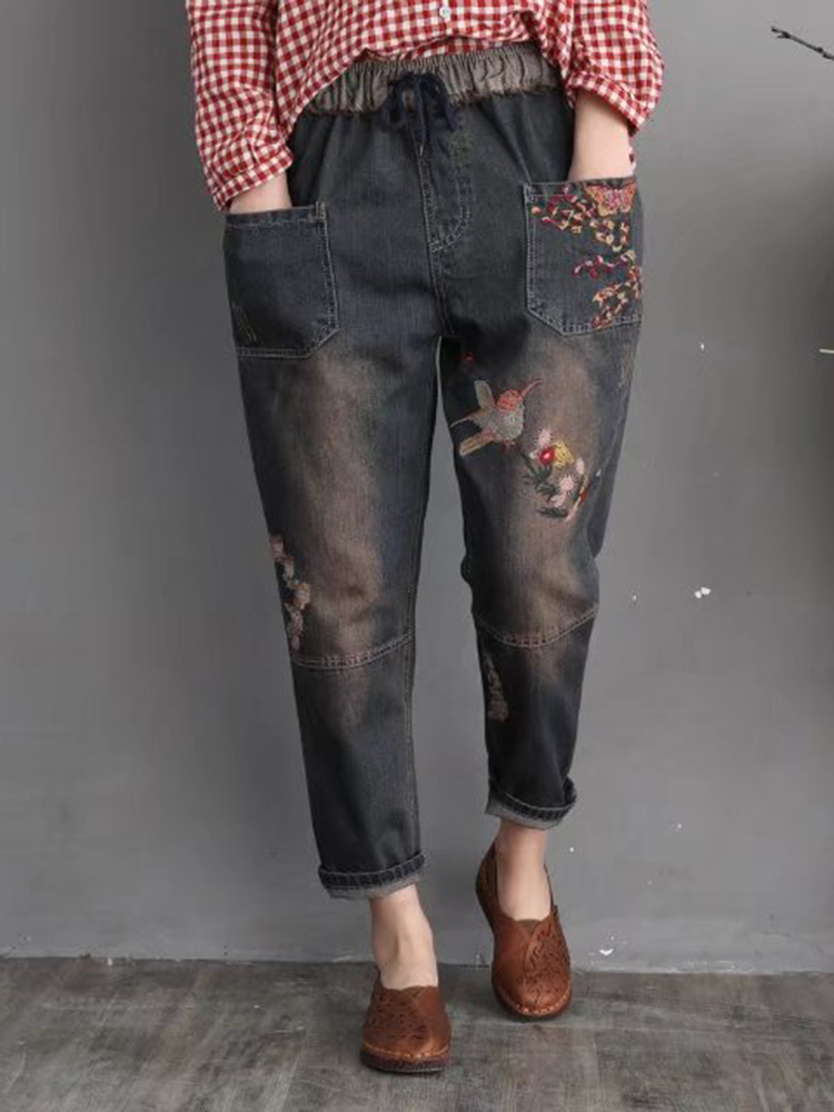 

Цветочная вышитая джинсовая ткань с завязками Джинсы