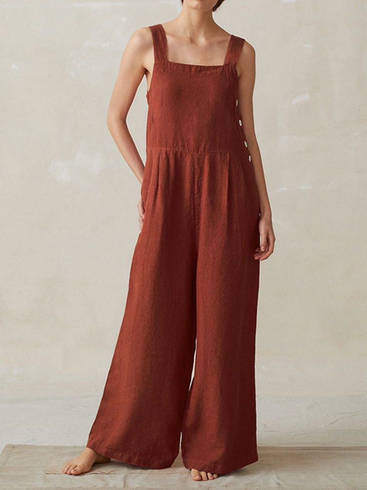 

Wide-Legged Women Pure Color Sleeveless Strap Jumpsuit