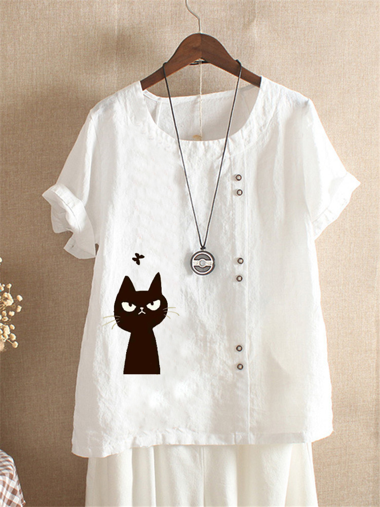 

Women Short Sleeve Cat Print Crew Neck Button Casual T-shirts