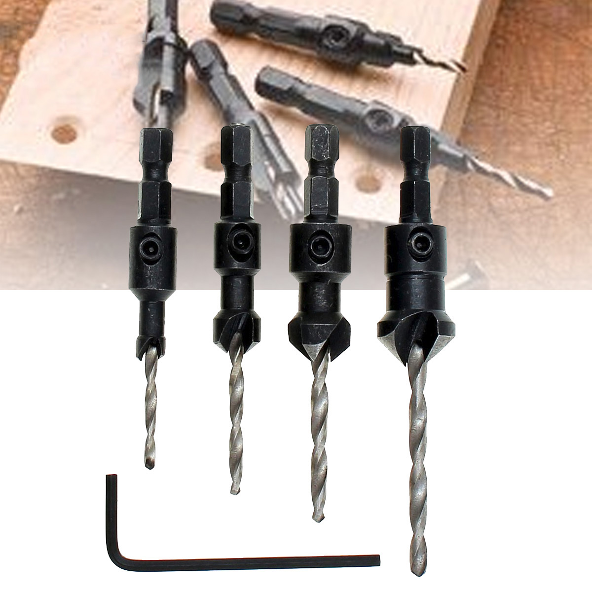 

4pcs 6#/8#/10#/12# Hex Shank Carpentry Countersink Drill Bit Set with Wrench Woodworking Tool