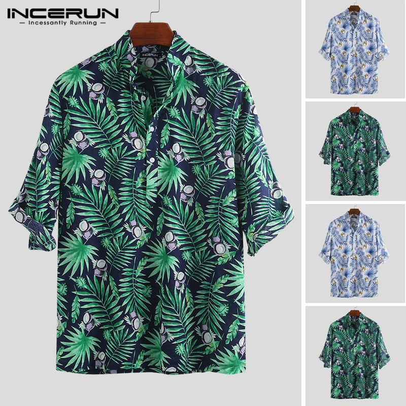 

Men Hawaiian Shirt Leaf Printed Casual Party Leisure Aloha Holiday Beach Top Tee