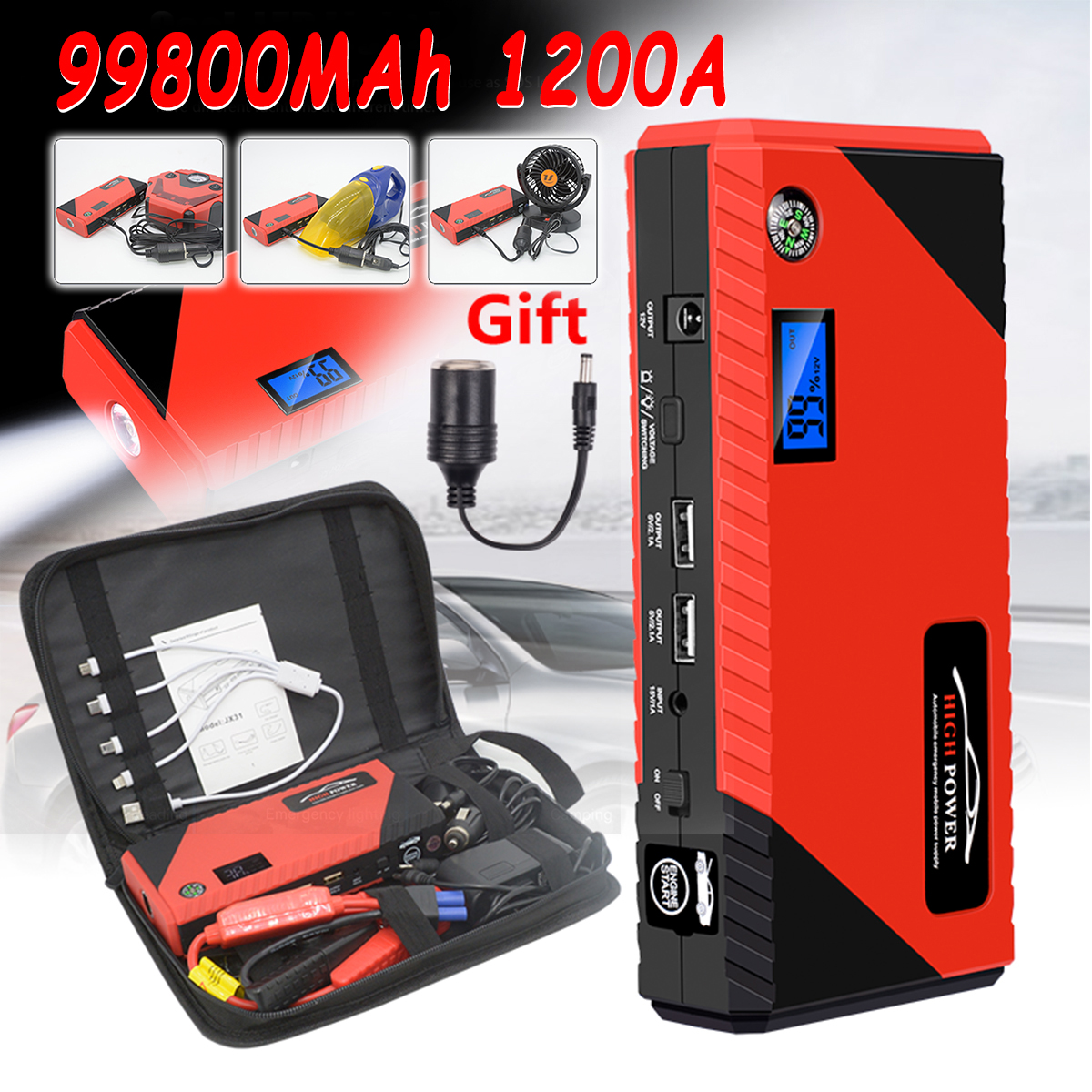 JX31 Display 98600mAh 12V Car Jump Starter Portable USB Emergency Power Bank Battery Booster Clamp 1000A DC Port Red