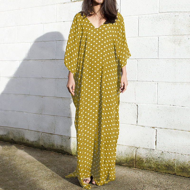 Women V-neck Polka Dot Printed Side Split Long Maxi Dress