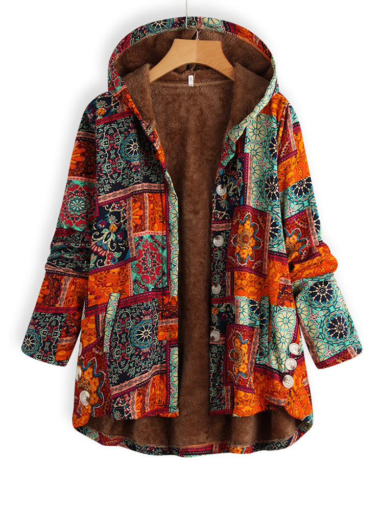 

National Style Print Contrast Color Button Hooded Coats