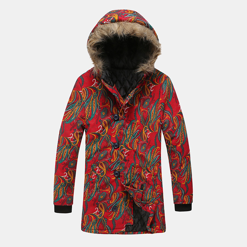 

Mens Ethnic Hooded Printing Buttons Down Jacket Mid Long Casual Coats