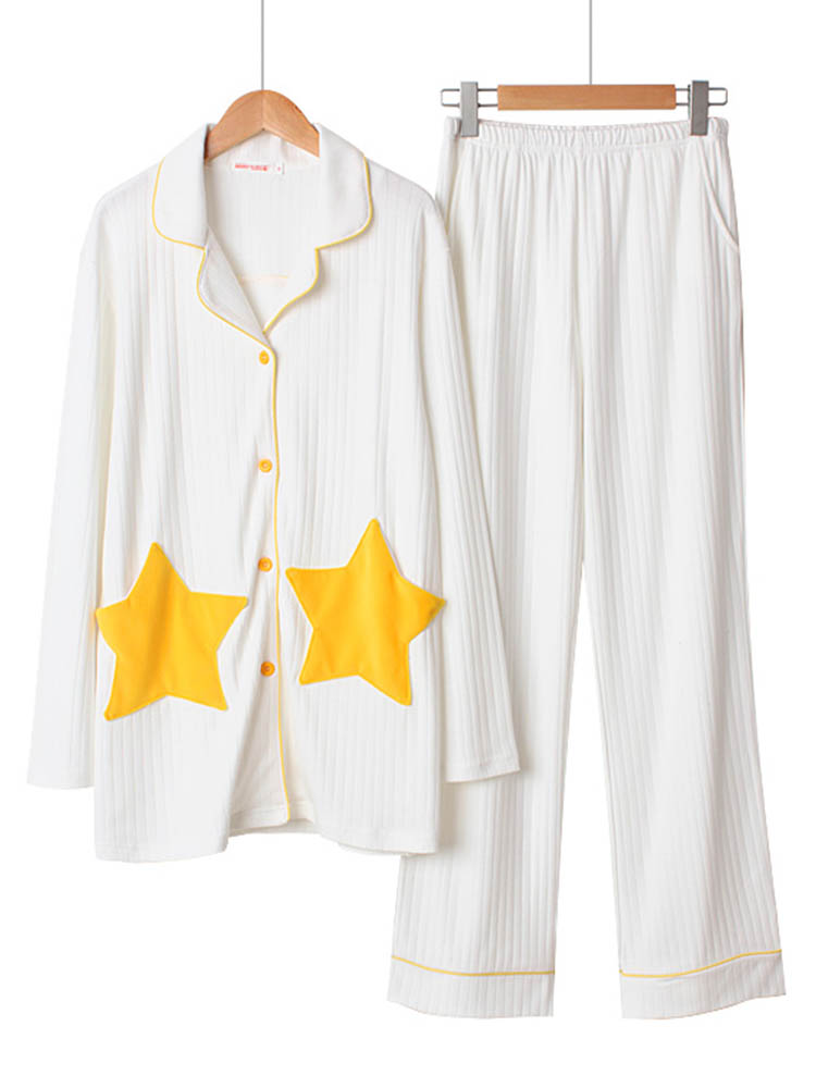 

Women Cotton Star Patchwork Long Sleeve Texture Pajama Set