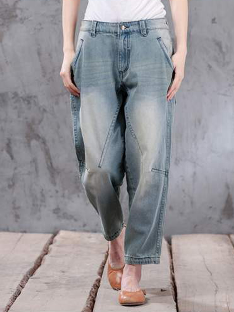 

Плюс размер Женское Повседневная свободная джинсовая ткань Брюки с карманами