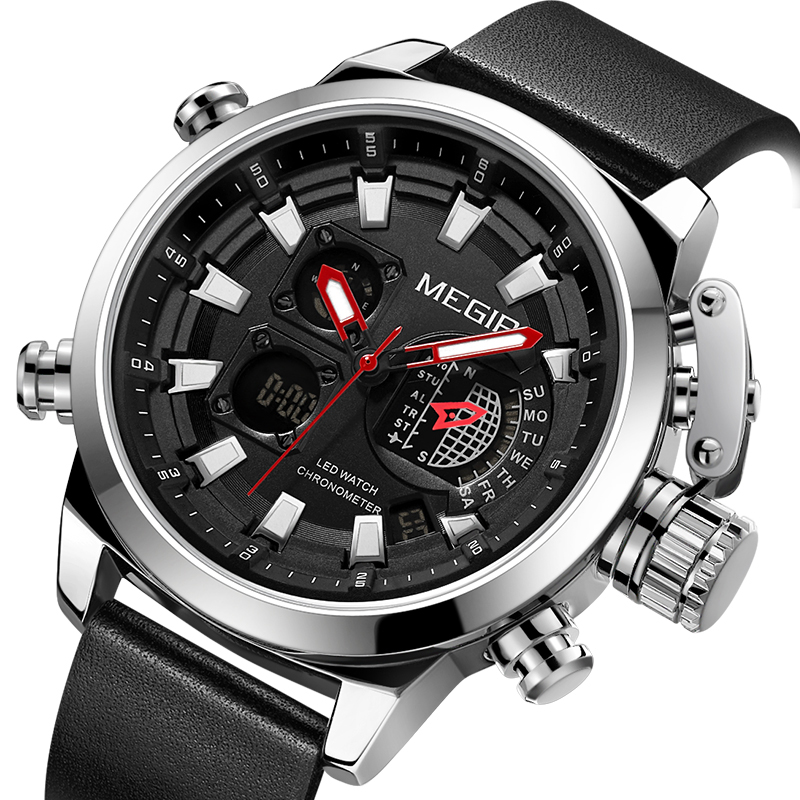 

MEGIR 2090 Fashion Men Digital Watch Chronograph Luminous Display Waterproof Leather Strap Dual Display Watch