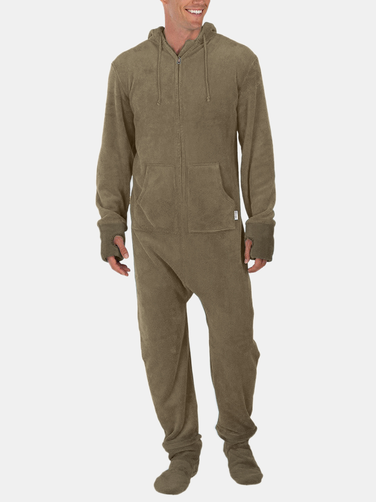 

Men Flannel Thick Plain Onesies Loungewear Thermal Thumb Holes Hooded Jumpsuit Pajamas With Socks sleepwear