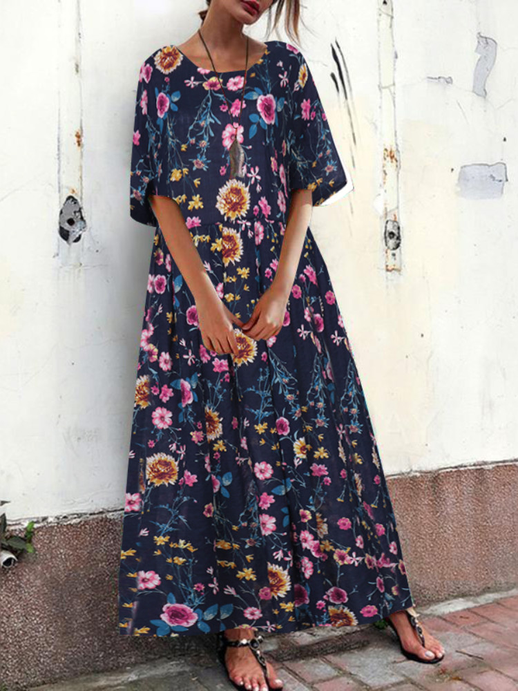 Women Vintage Crew Neck Loose Floral Dress with Pockets