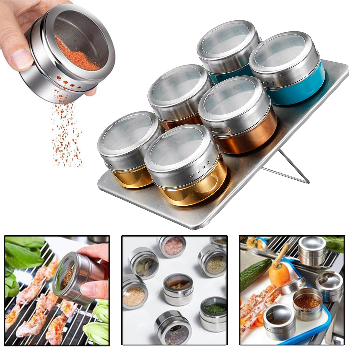 

6Pcs Magnetic Spice Jar Tin Storage Stainless Steel Rack Kitchen Holder Stand