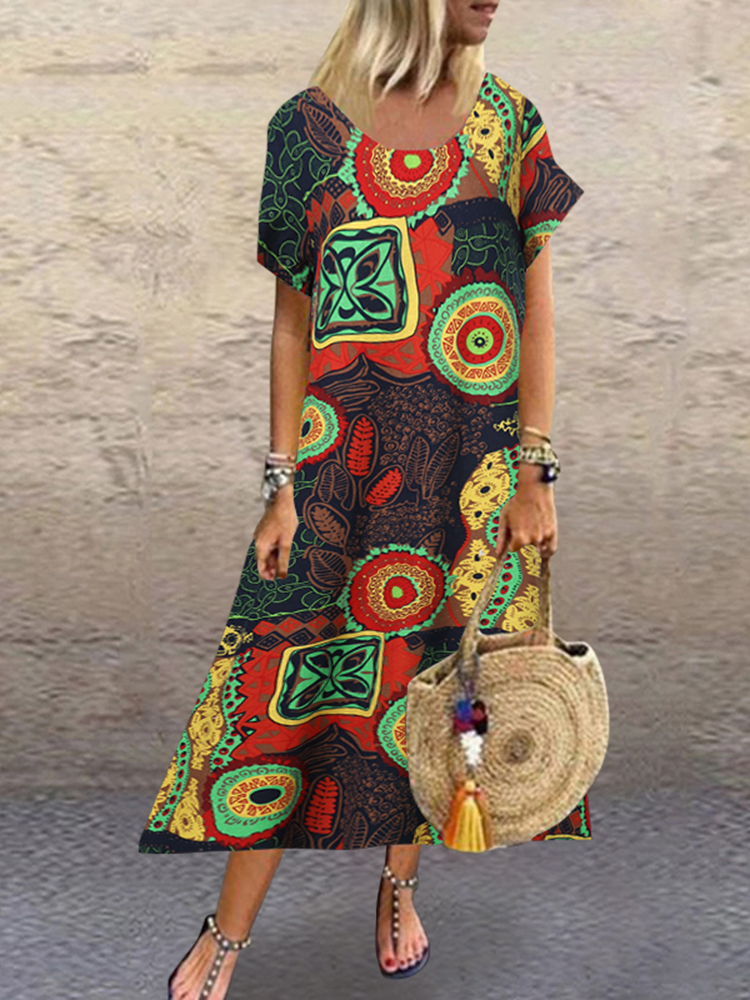 

Ethnic Print Crew Neck Short Sleeve Maxi Dress