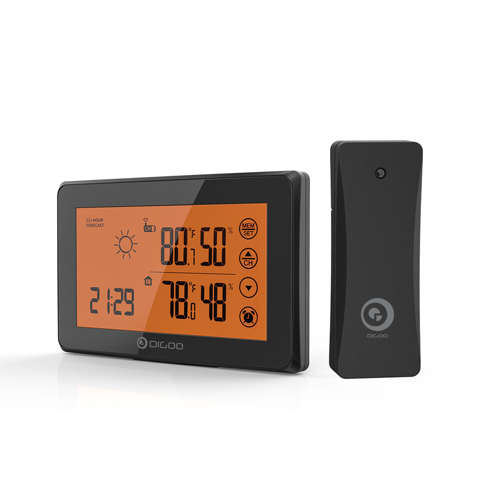 

DIGOO DG-TH0340 Orange Backligt LCD Weather Station With Remote Sensor Alarm Clock Touch Screen 12/24h Wether Forecast T