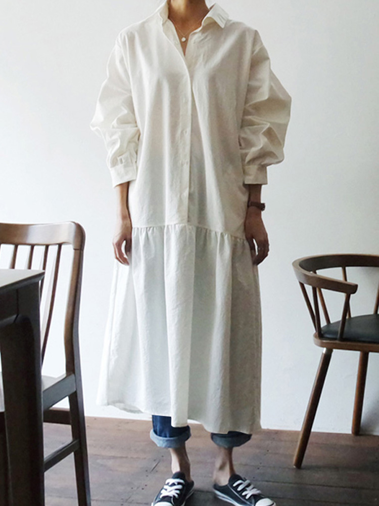 

3/4 Sleeve Casual Long Shirt Loose Solid Midi Dress