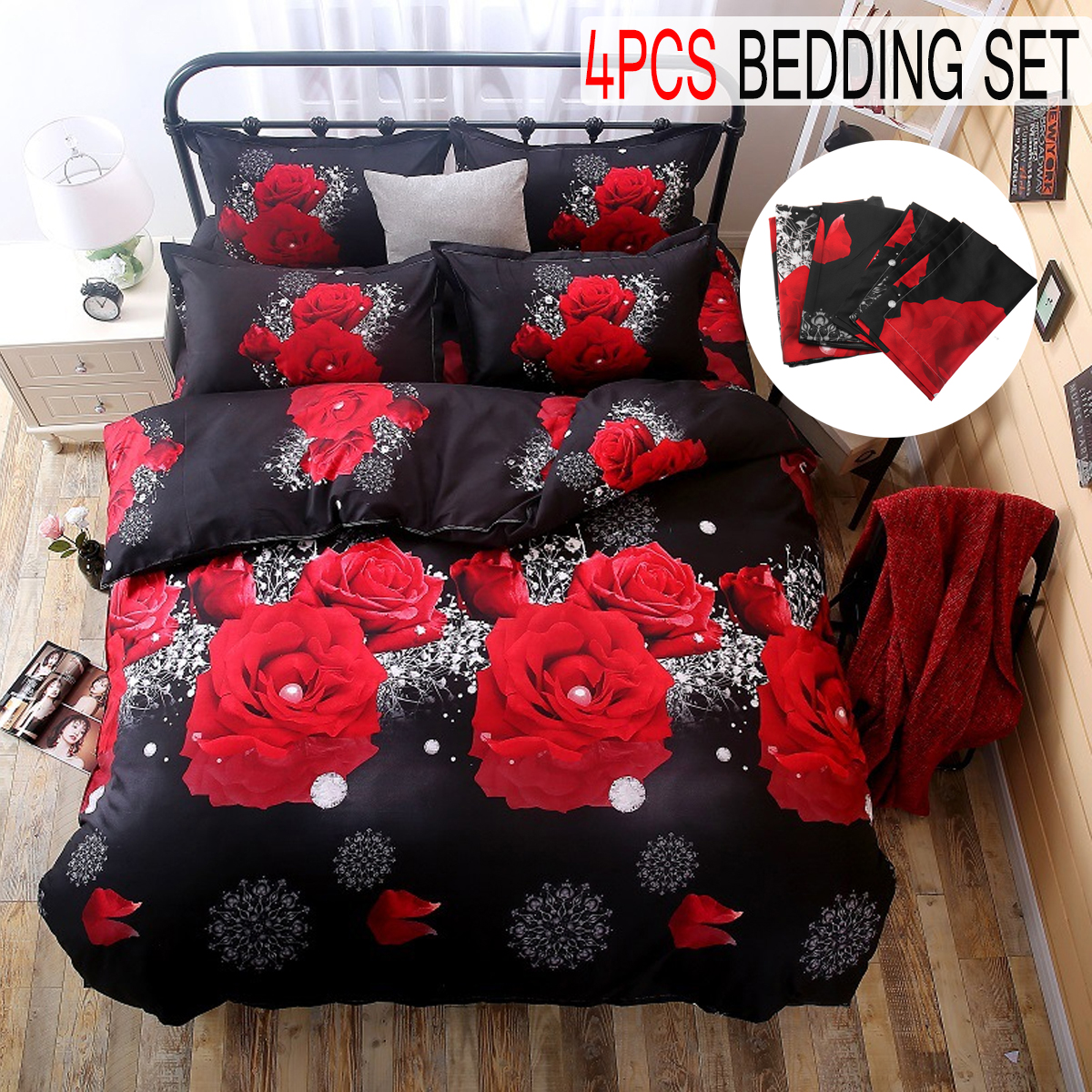 4pcs 3D Bedding Set Duvet Cover Bed Sheet Pillowcase Red Rose Bedclothes Full 