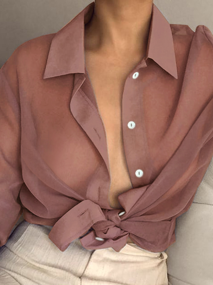 

Плюс размер Женское Кнопка с длинным рукавом Рубашка Прозрачная блузка