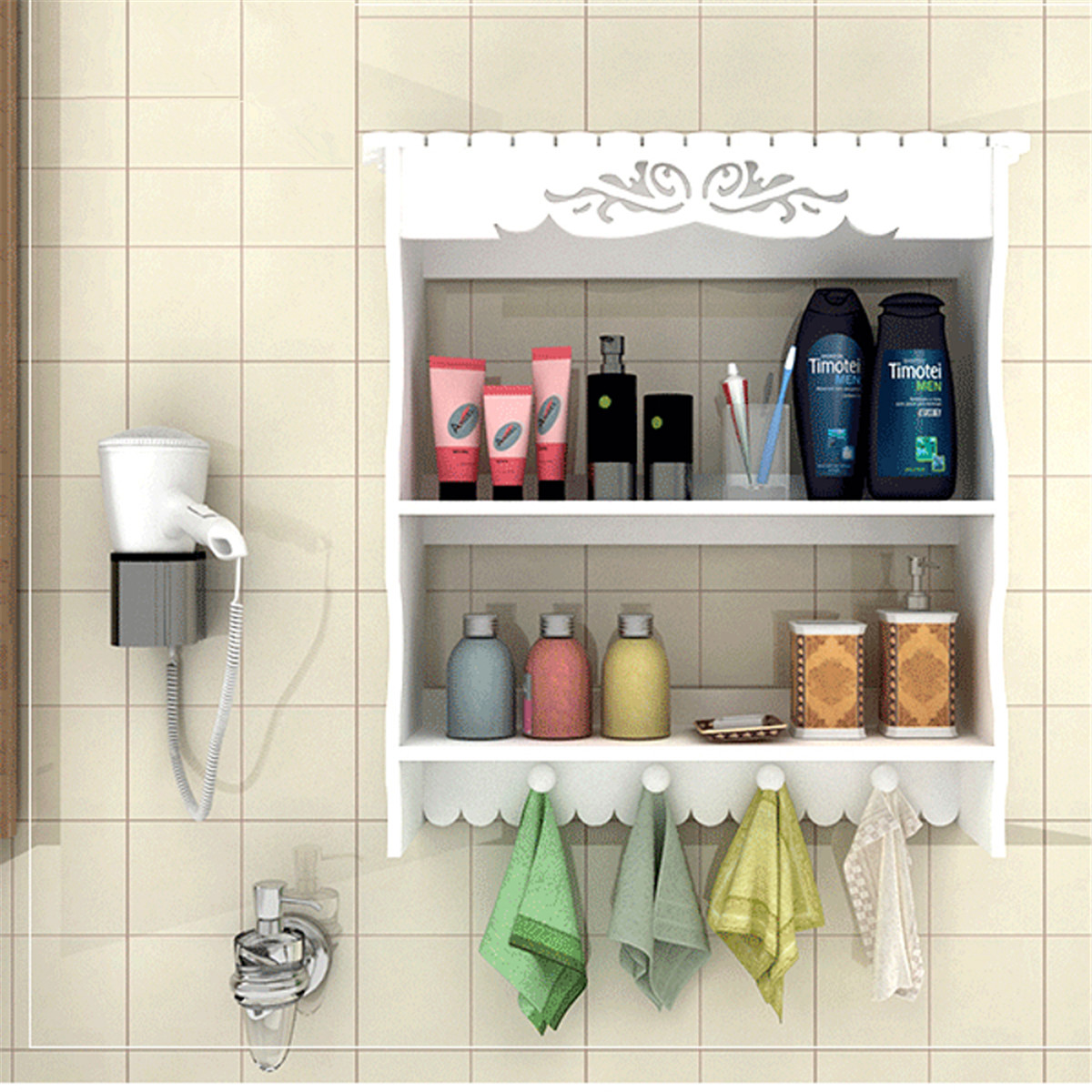 

2-Tiers Wall-mounted Bathroom Shelf Towel Hooks Organizer Home Storage Rack