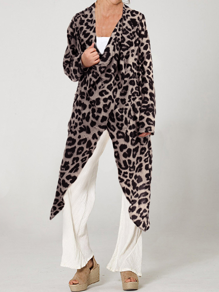 

Leopard Print Cowl Neck High Split Long Shirts