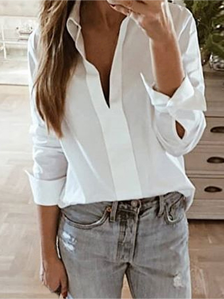 

Ladies Solid Color Office Shirt Loose Long Sleeve Blouse with Button