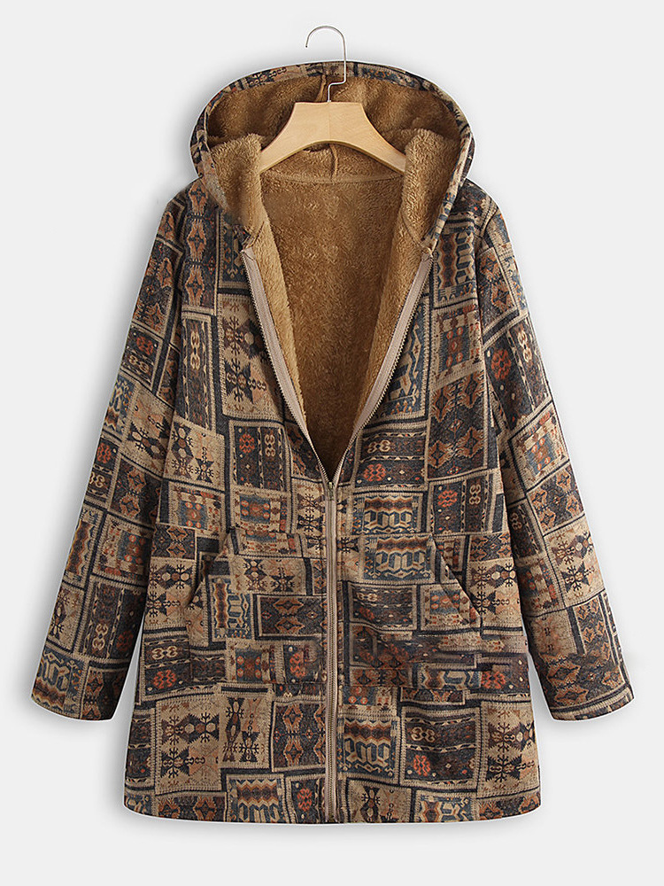 

Винтажный этнический стиль печати молнии с капюшоном пальто
