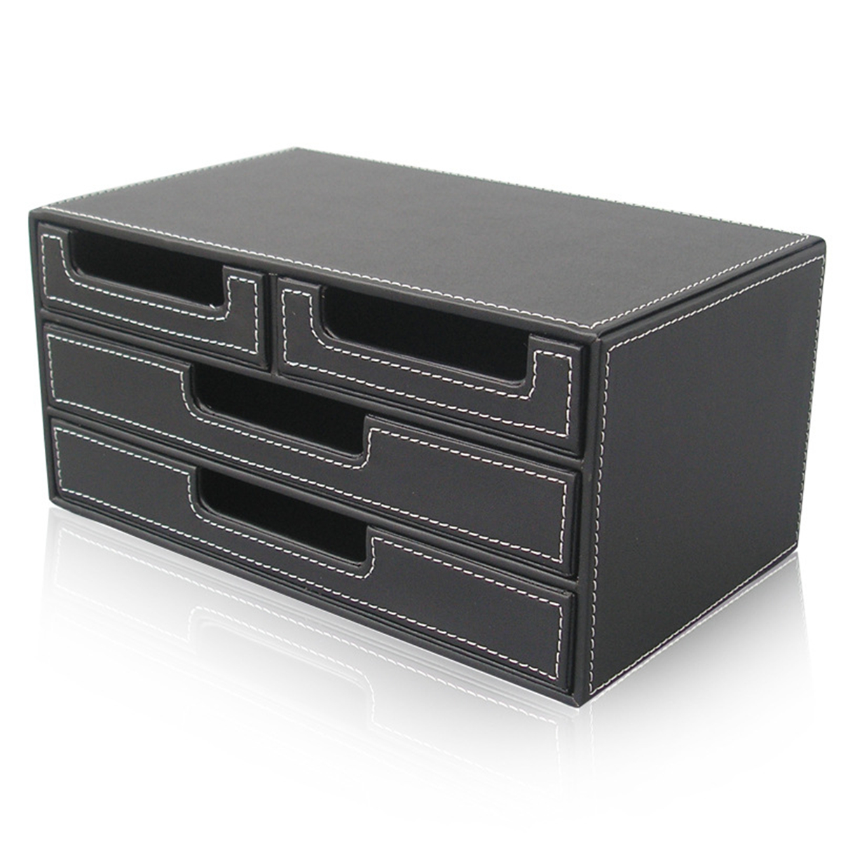 3 Layer 4 Drawer Wood Leather Desk Set, Leather Filing Cabinet Black