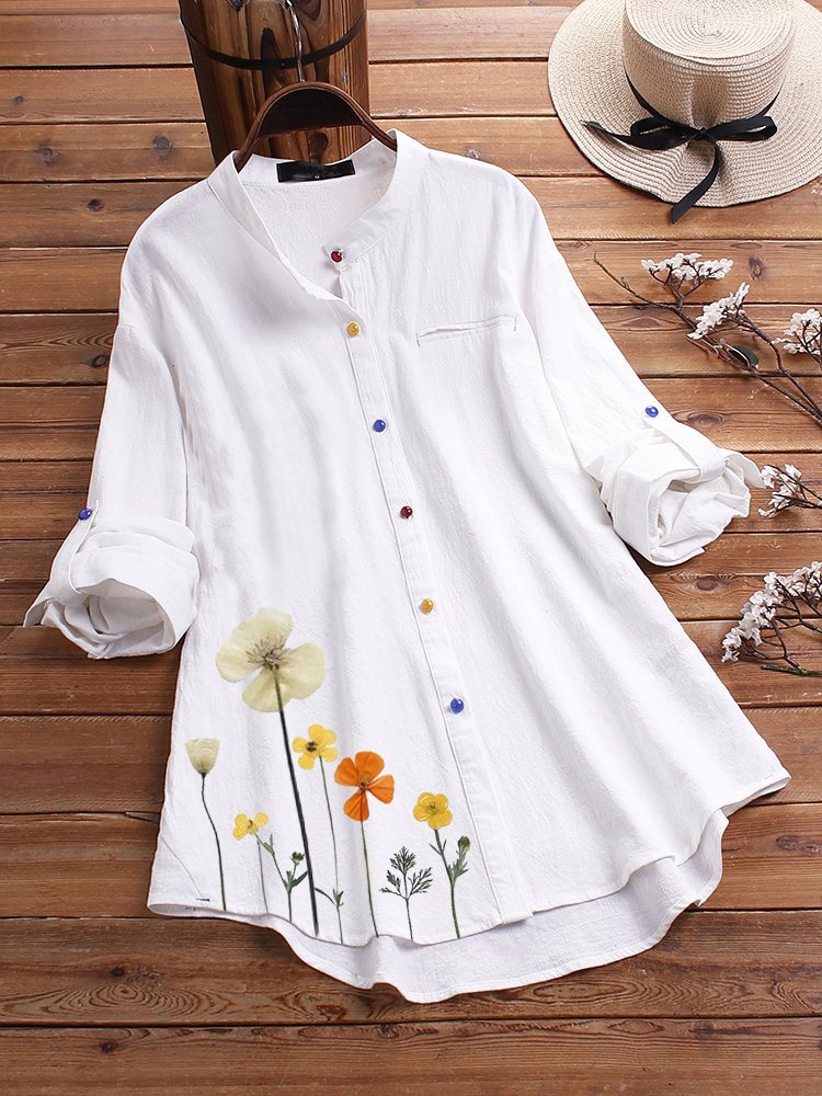 

Flower Print Irregular Hem Long Sleeve Colorful Button Shirts