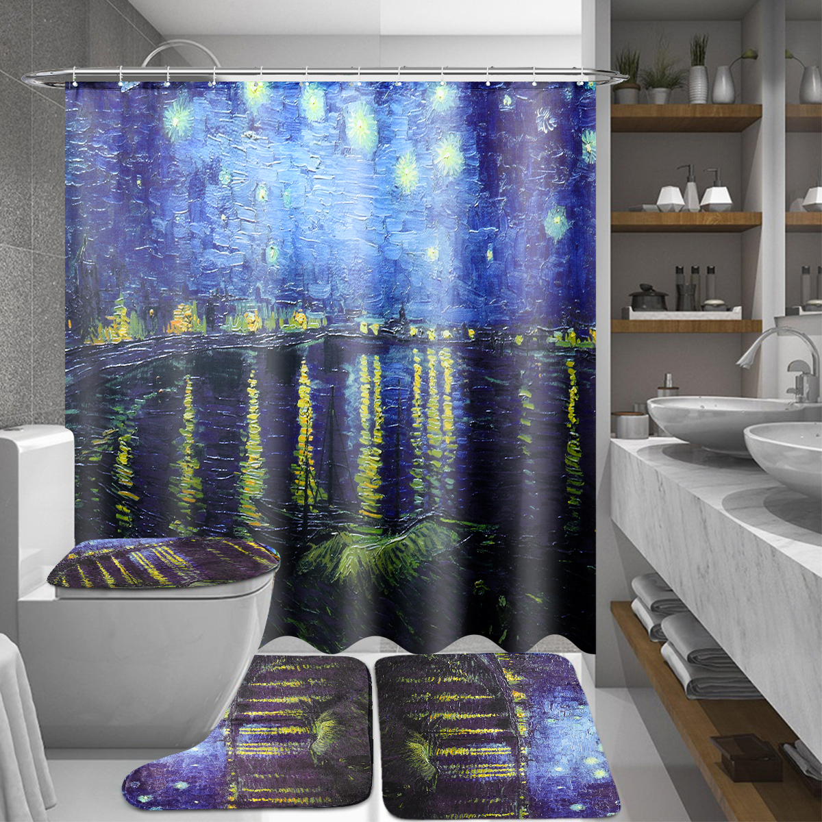 

180x180cm Rhone River Night Bathroom Shower Curtains Lid Toilet Cover Mat Rug Set