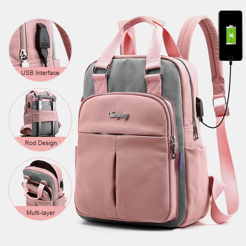 

Women Canvas Multifunction Waterproof Casual Patchwork Backpack With USB Charging Port