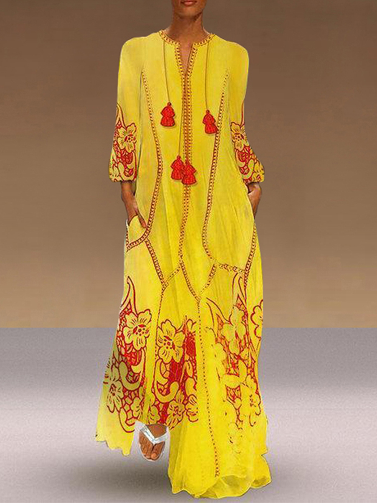 

Women Long Sleeve V Neck Floral Print Vintage Long Maxi Dress