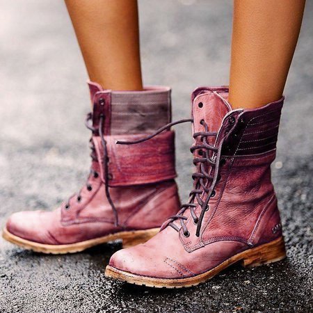 

Women Retro Leather Lace Up Block Heel Short Boots