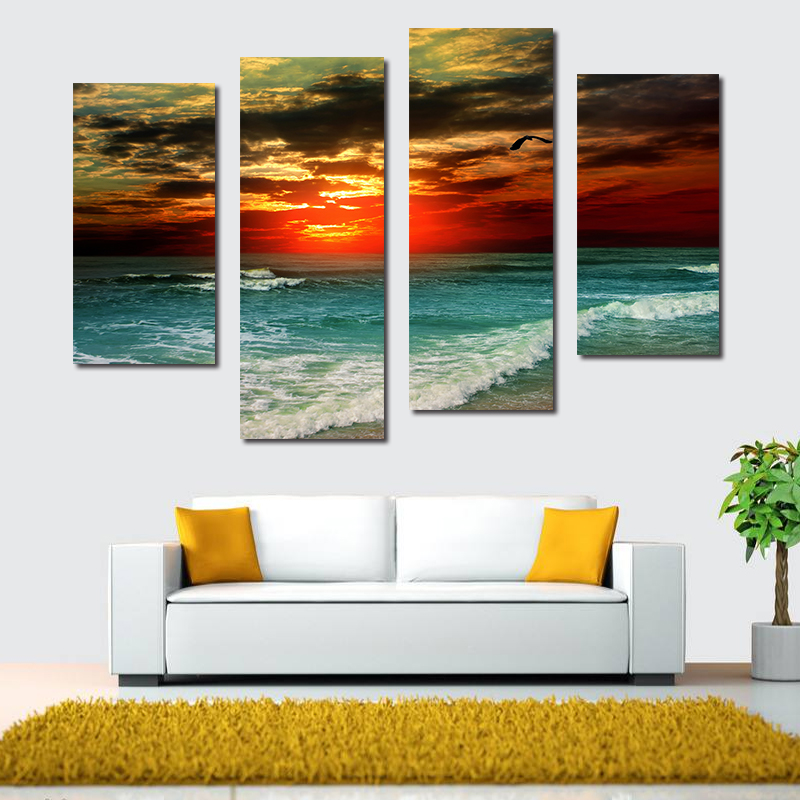 

Miico Hand Painted Four Combination Decorative Paintings Beach Sunset Wall Art For Home Decoration