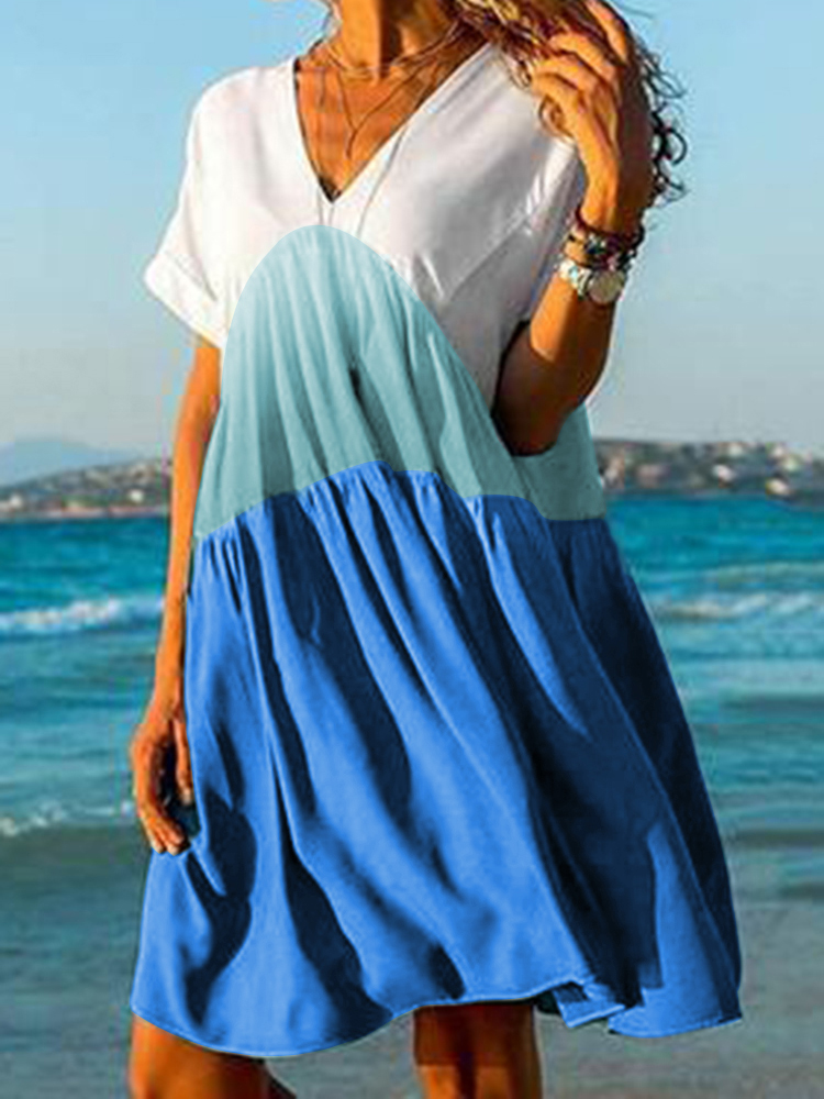 

Women Gradient Color Print V-Neck Short Sleeve Mini Dress