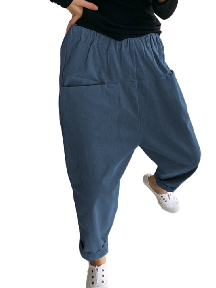 Pure Color Elastic Waist Drop-Crotch Pockets Harem Pants For Women
