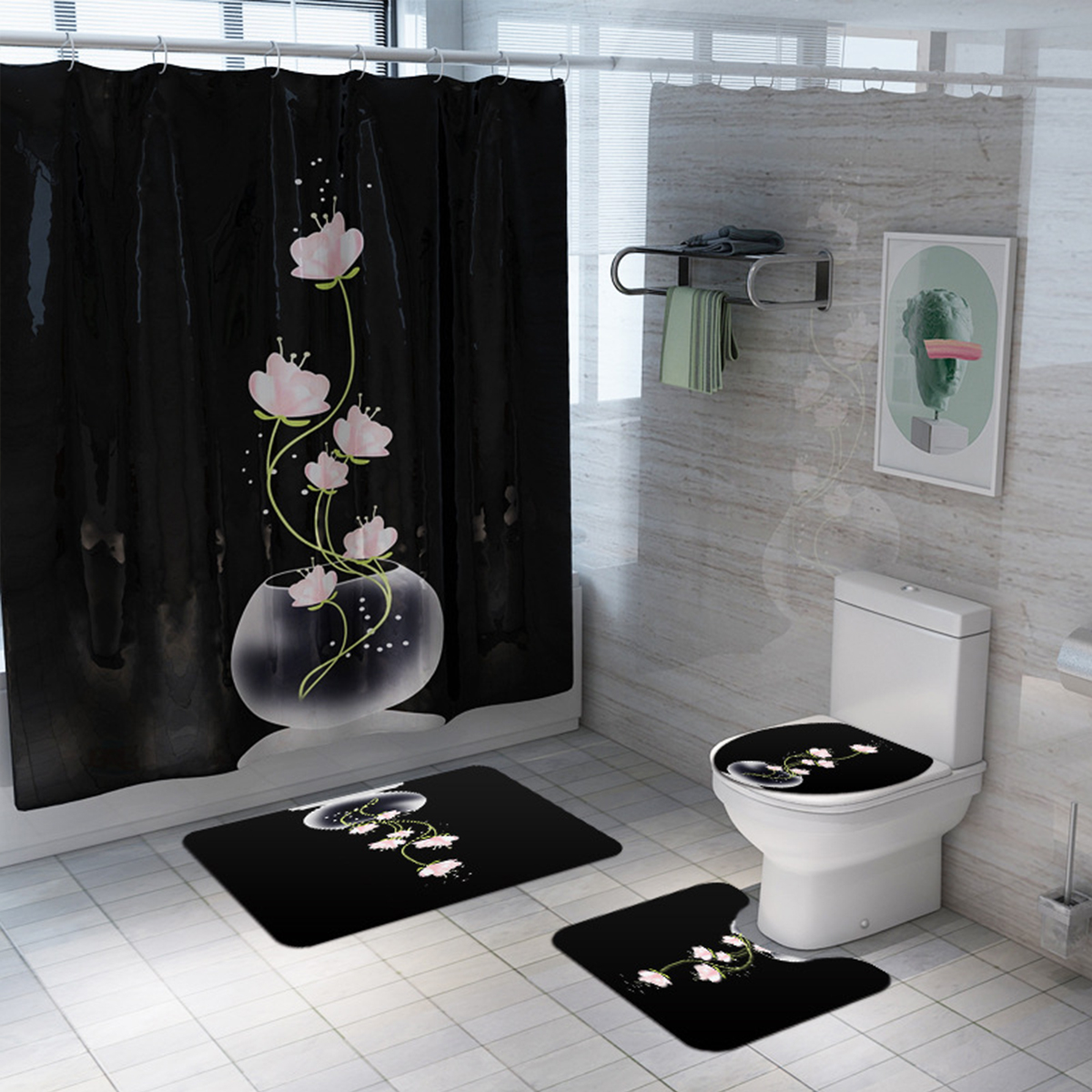 Waterproof Shower Curtain Non Slip Bathroom Rugs Pedestal Rug Lid Toilet Cover Ebay