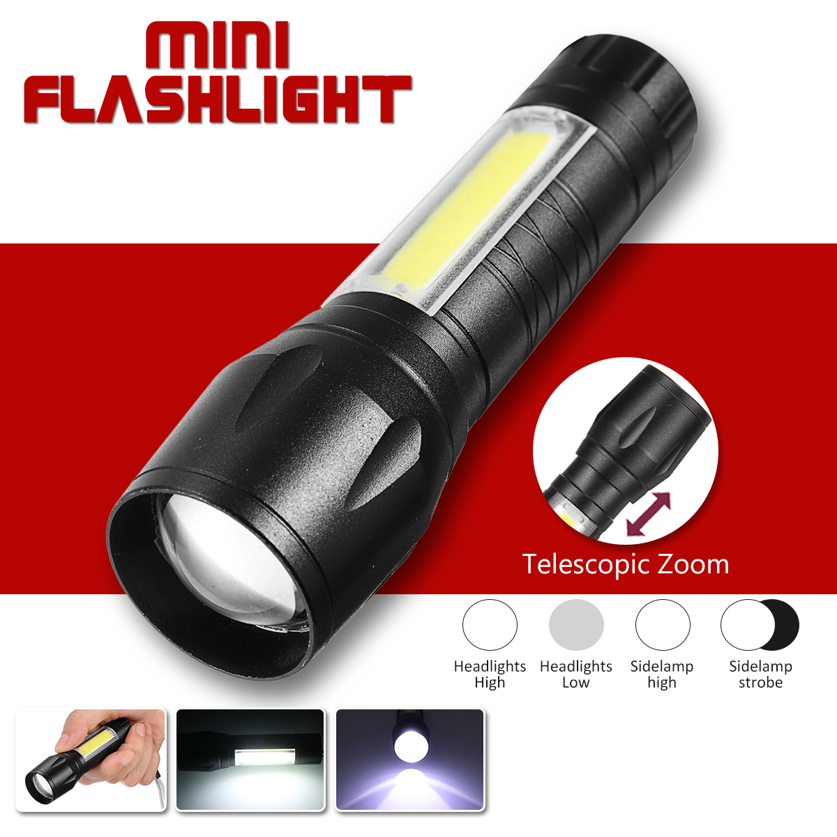 

Portable T6 COB LED Flashlight Zoomable Torch 18650 Light Lamp