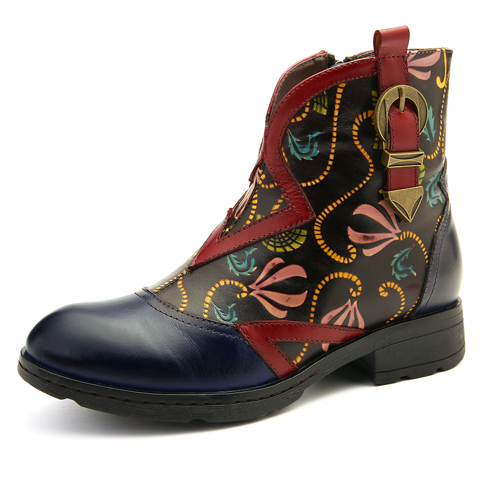 

Women Metal Buckle Printed Pattern Leather Soft Boots