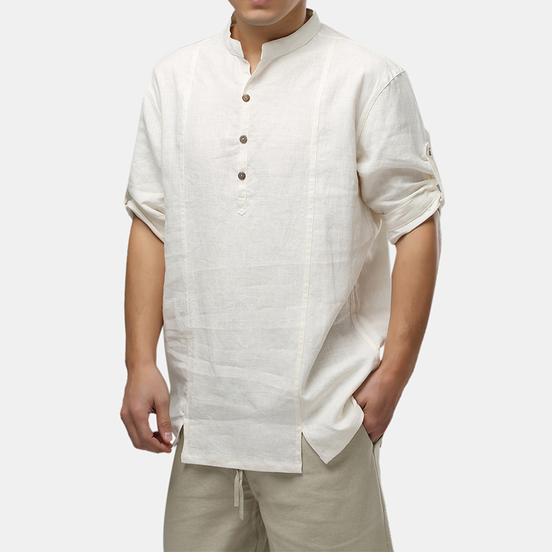 

Mens 100% Cotton Retro Plain Color Half Sleeve Half Open Henley T-Shirts