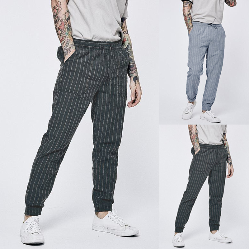

Summer Men's Vintage Drawstring Skinny Trousers Cotton Linen Long Harem Pants US