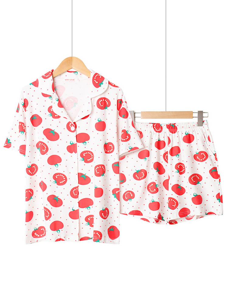 

Cute Cotton Printing Short Sleeve Lapel Pajama Set