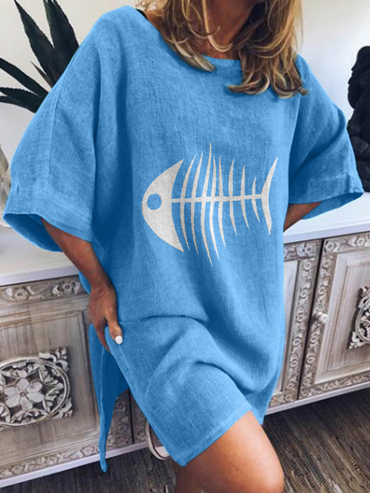 

Solid Fish Bone Print Dress