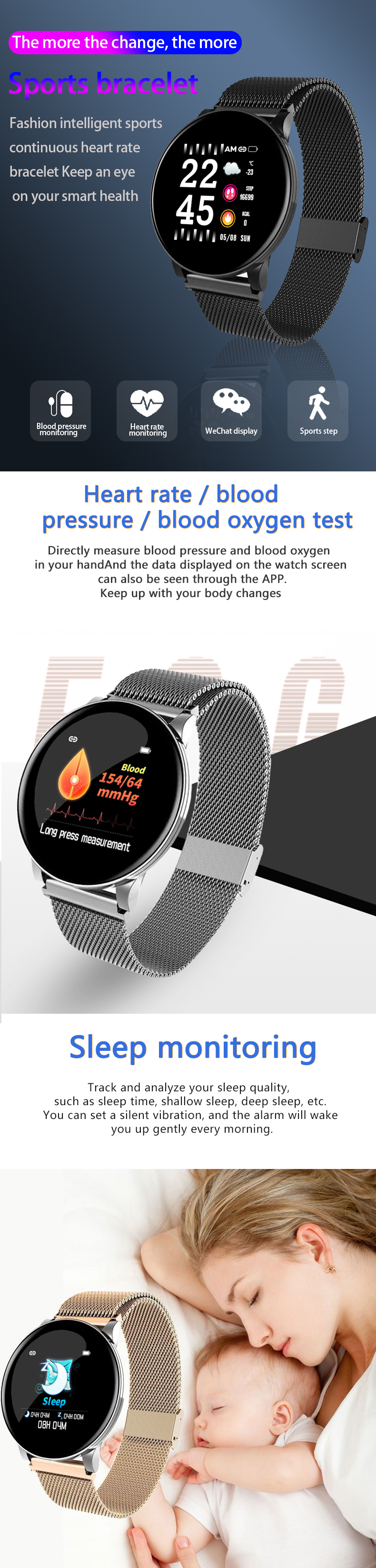 Bakeey W8 Business Style Wristband Heart Rate Blood Pressure Oxygen Test IP67 Smart Watch 13