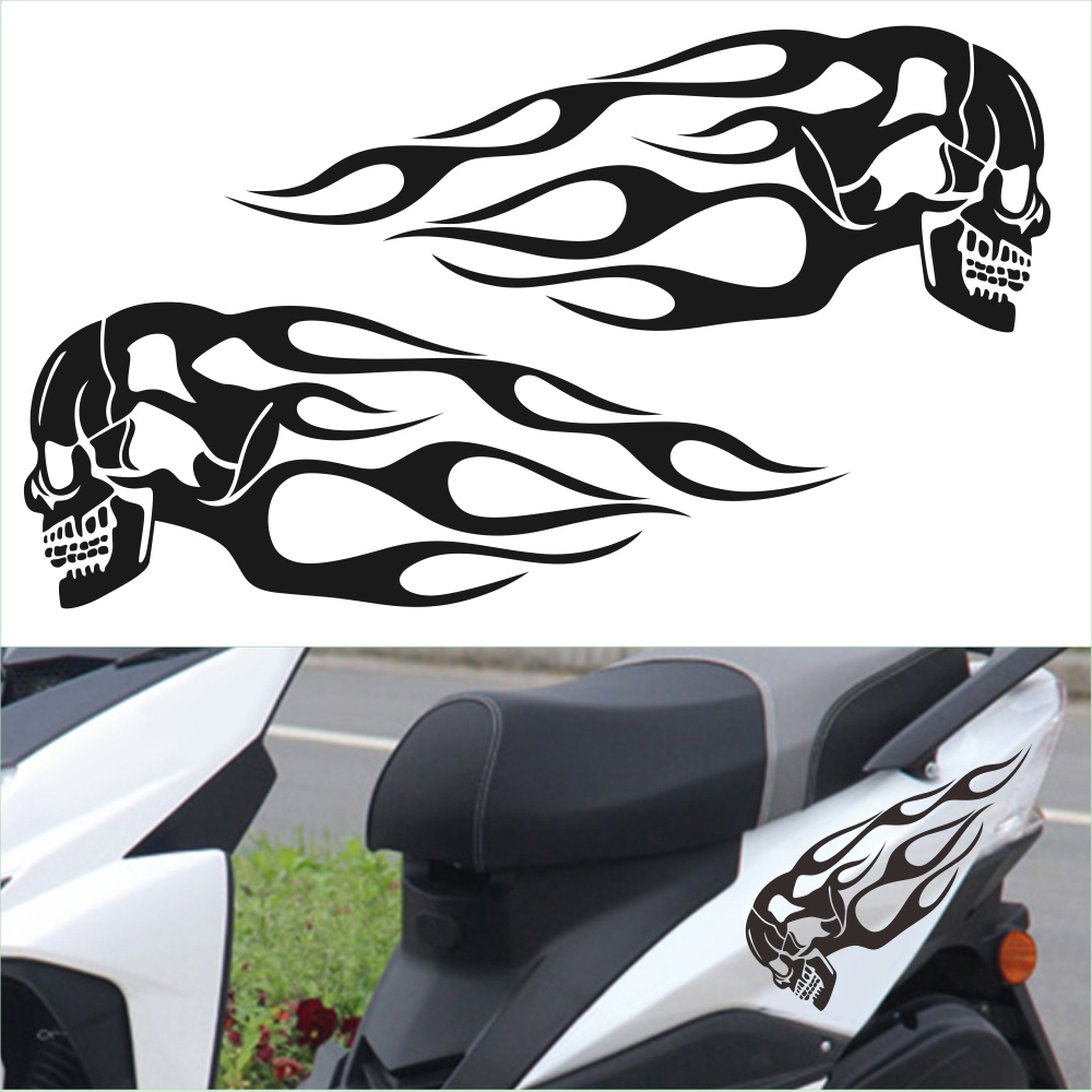 1 Pair 34x12.7cm Motorcycle Graphic Decal Sticker Skull Flame Black Waterproof