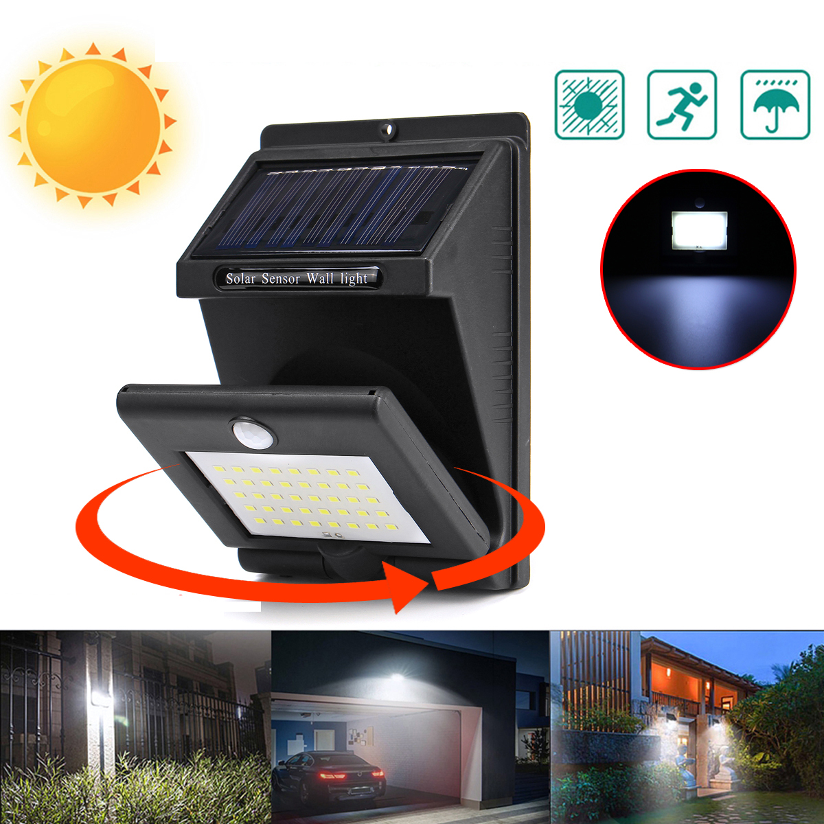 

360° Rotating Solar Lighting PIR Motion Sensor Safety Outdoor Garden Wall Light