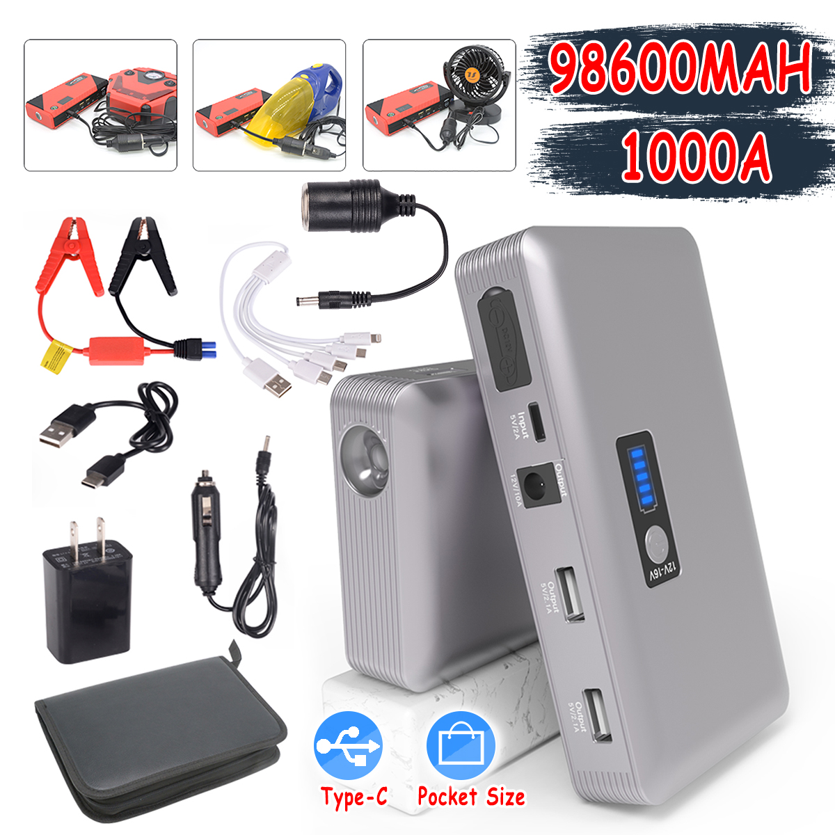 JX36 Display 98600mAh 12V Car Jump Starter Portable USB Emergency Power Bank Battery Booster Clamp 1000A DC Port Silver
